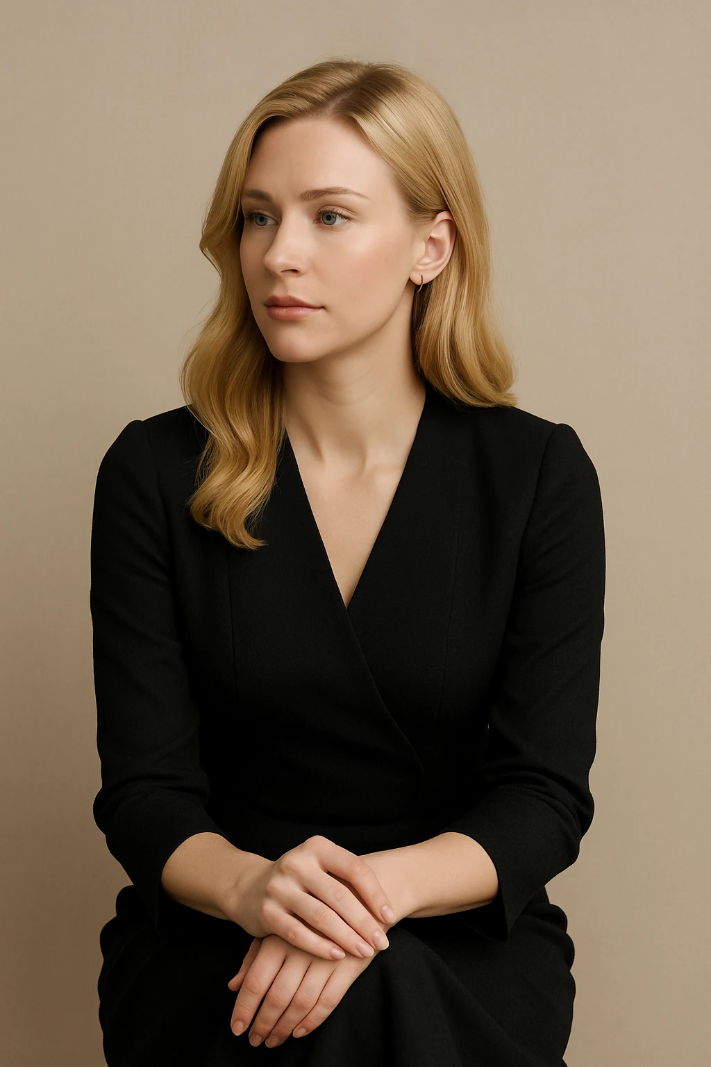 a blonde-haired lady in a waiting pose, elegant, neutral background emoji