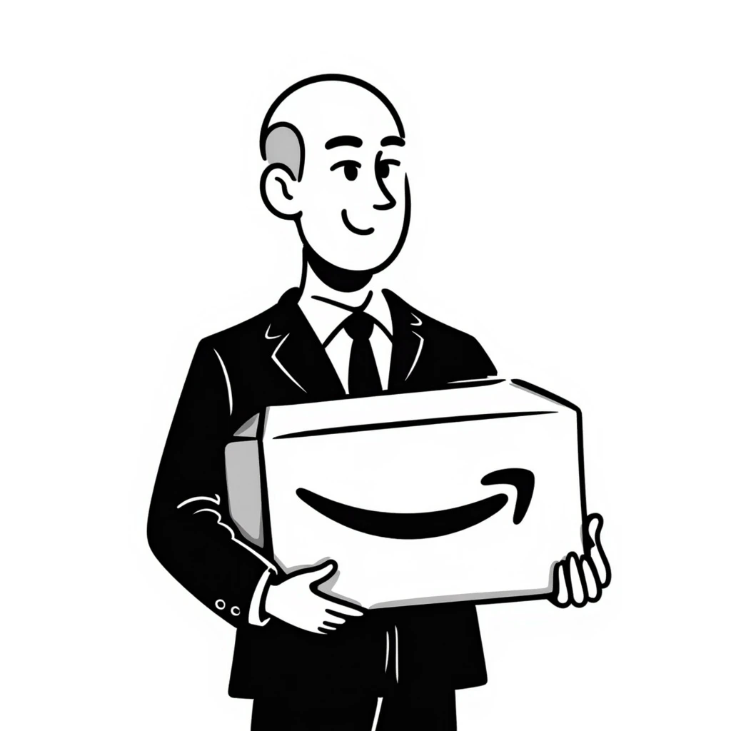 Jeff Bezos as a hand-drawn doodle, bald, business suit, holding an Amazon box emoji
