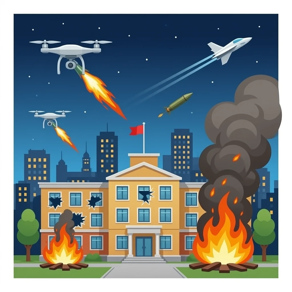 an hyperrealistc school is getting bombed because of war, drones firing misles, bombs and jet everywhere, school is on fire and has holes and crashed windows emoji