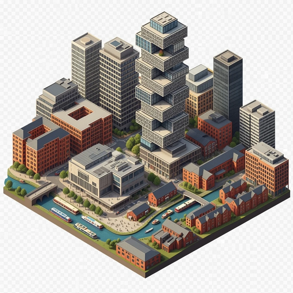 Isometric illustration of Birmingham, featuring the Library of Birmingham with its modern architecture and nearby canals, highly detailed in semi-realistic style, balanced between stylized and realistic, 3D miniature effect, transparent background. emoji