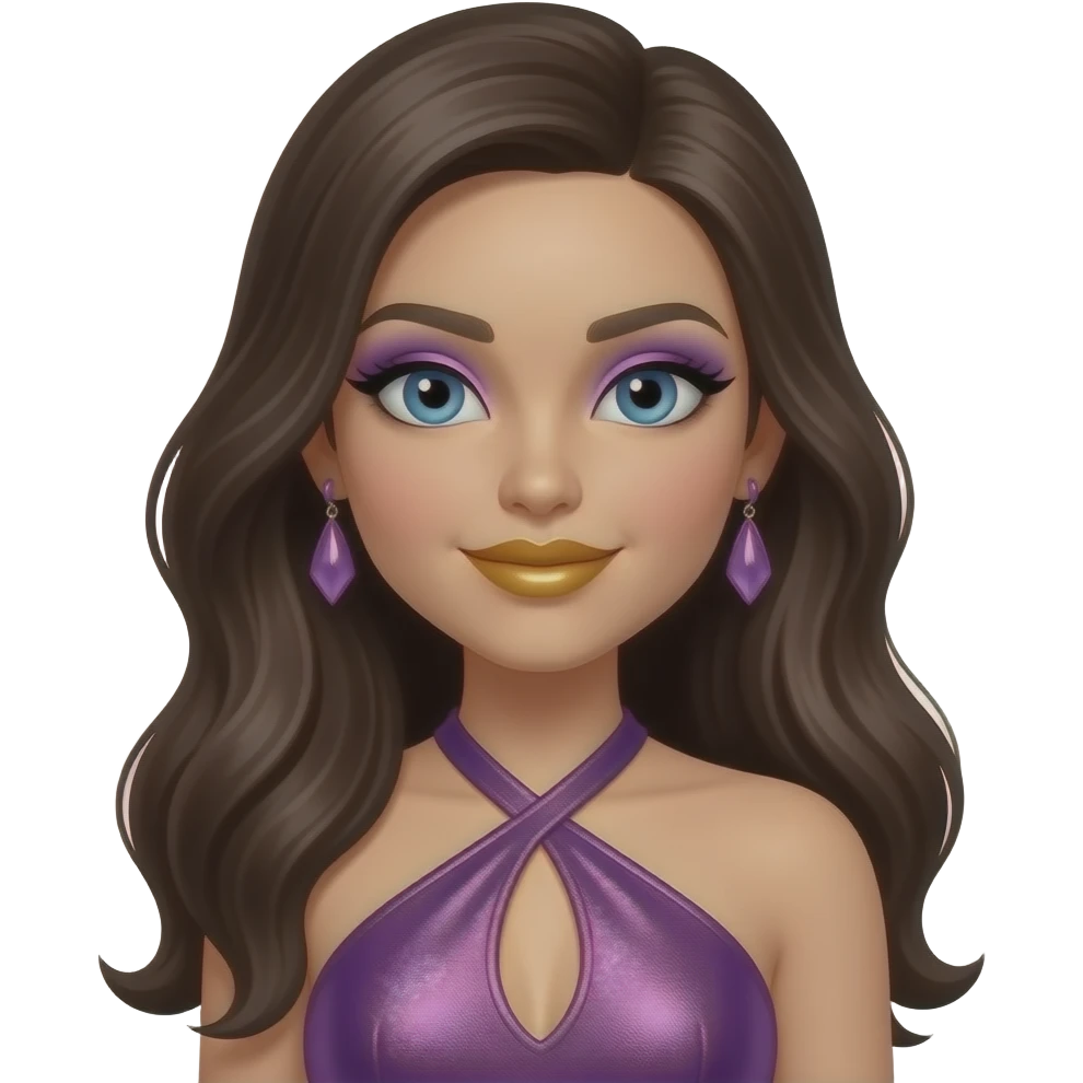 Dana from Bratz with blue eyes, long dark brown hair, purple eyeshadow, gold lipstick, purple metallic halter dress, lilac earrings emoji