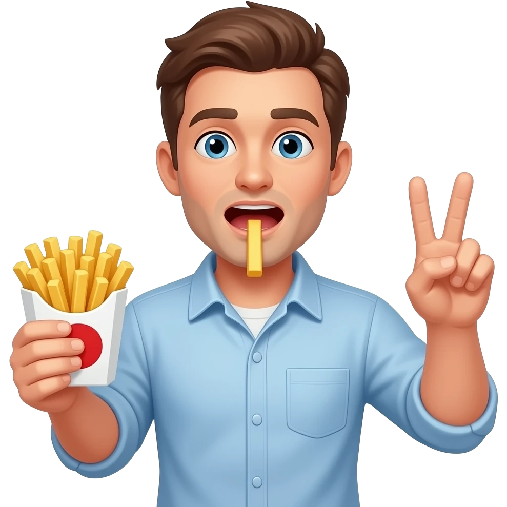 🧍🏿‍♂️holding french fries and throwing up a peace sign emoji