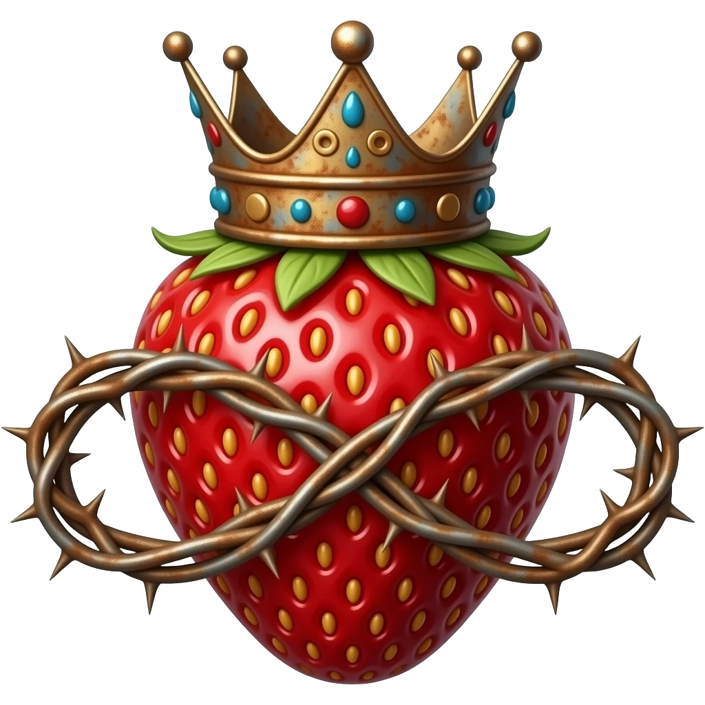 a rusty strawberry with a rusty, richly decorated royal crown on top. A crown of thorns is wrapped around the strawberry's body and is spinning around its body in the form of an infinity sign emoji