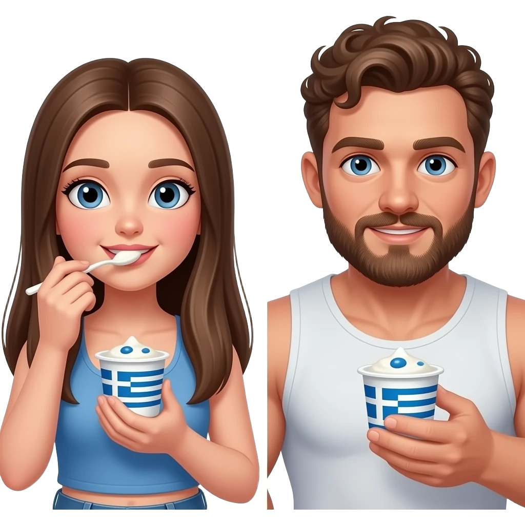 Realistic pale skin brown long straight hair girl eating greek yogurt and her short brown curly hair and beard muscular man eating greek yogurt HD emoji