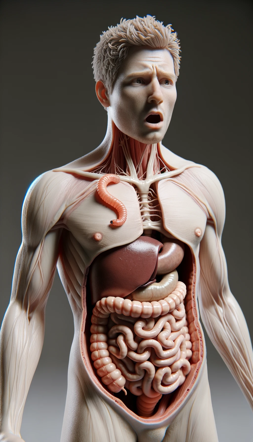 corpo umano anatomico con intestino in evidenza, con parassiti tipo la tenia che gli striscia addosso,  sulla pelle, figura visibile fino ai fianchi, espressione del volto scioccata, iperrealistico 4k emoji