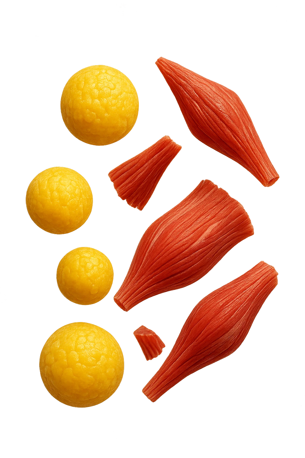 cellule di grasso gialle fluttuano in aria insieme a porzioni di tessuto muscolare umano realistico emoji