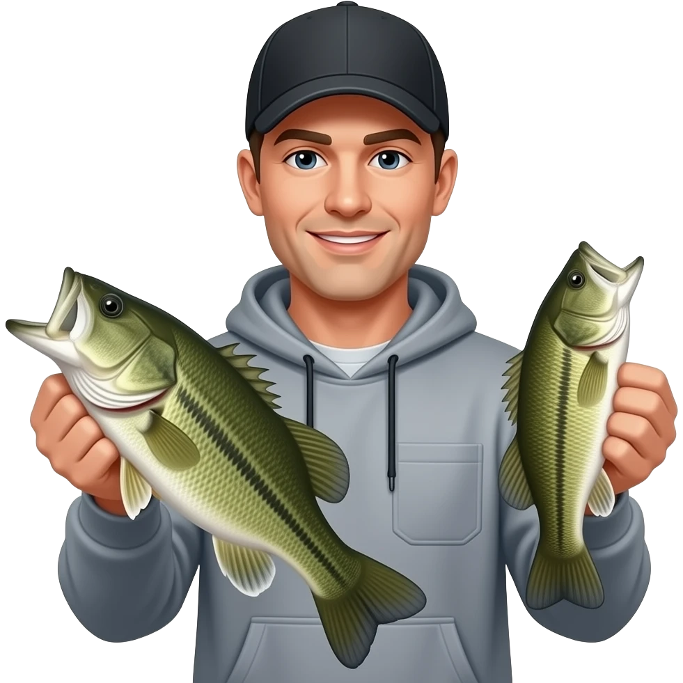 a guy wearing all greay and a black baseball capp holding one big largemouth bass and a smaller one in both hands facing the camera emoji