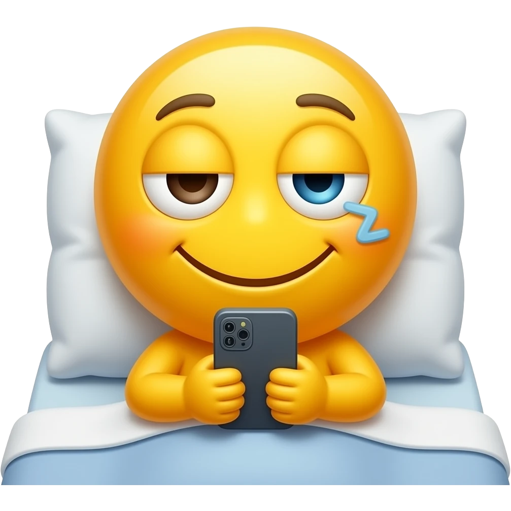Yellow tired smiley reading phone messages in bed with one eye open sleepy emoji