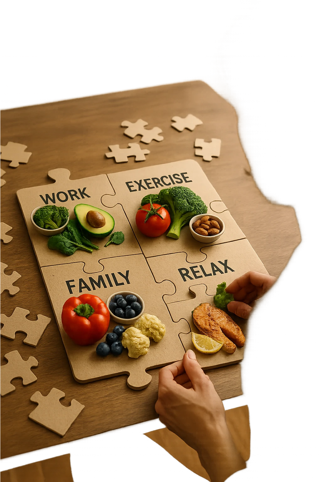 realistica cinematic photo a person is surrounded by puzzle pieces, each representing a different aspect of their life (Lavoro, Esercizio, Famiglia, Relax), and healthy foods are integrated into each piece. The person assembles the puzzle, creating a complete, personalized nutrition plan. The mood is uplifting and creative. in italiano emoji