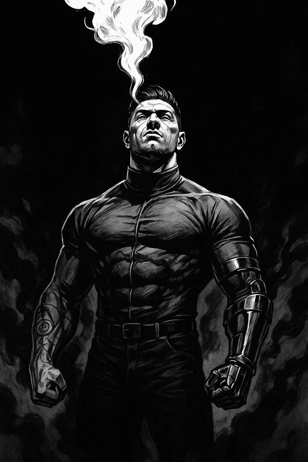 Black and white comic book panel of an extremely muscular Italian man with cybernetic implants standing in the dark, surrounded by smoke. He is wearing a long-sleeved shirt with a high collar, and his chest is sculpted. emoji