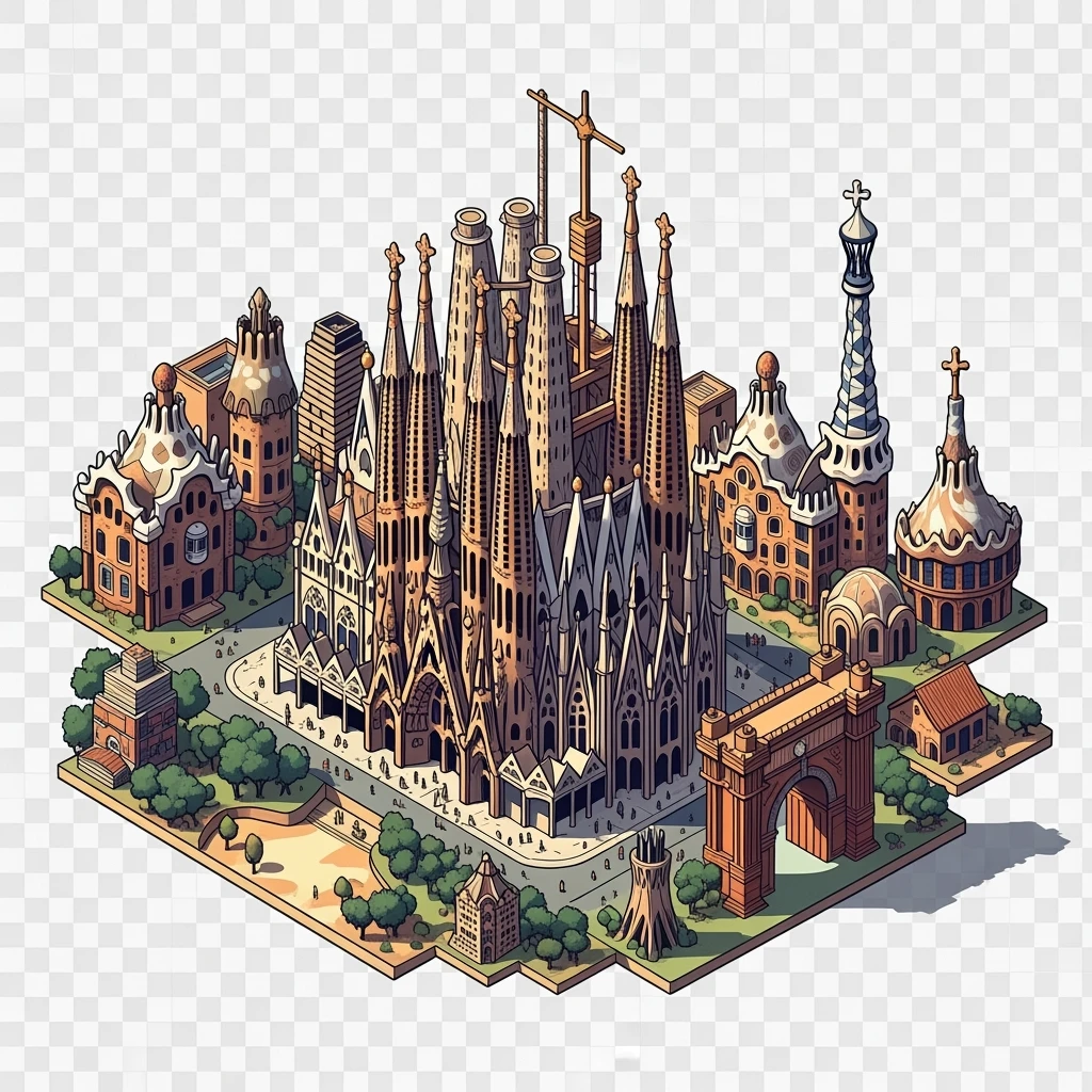 Isometric illustration of Barcelona, featuring Sagrada Familia with intricate spires, highly detailed in semi-realistic style with sharp outlines, balanced between stylized and realistic, 3D miniature effect, transparent background. emoji