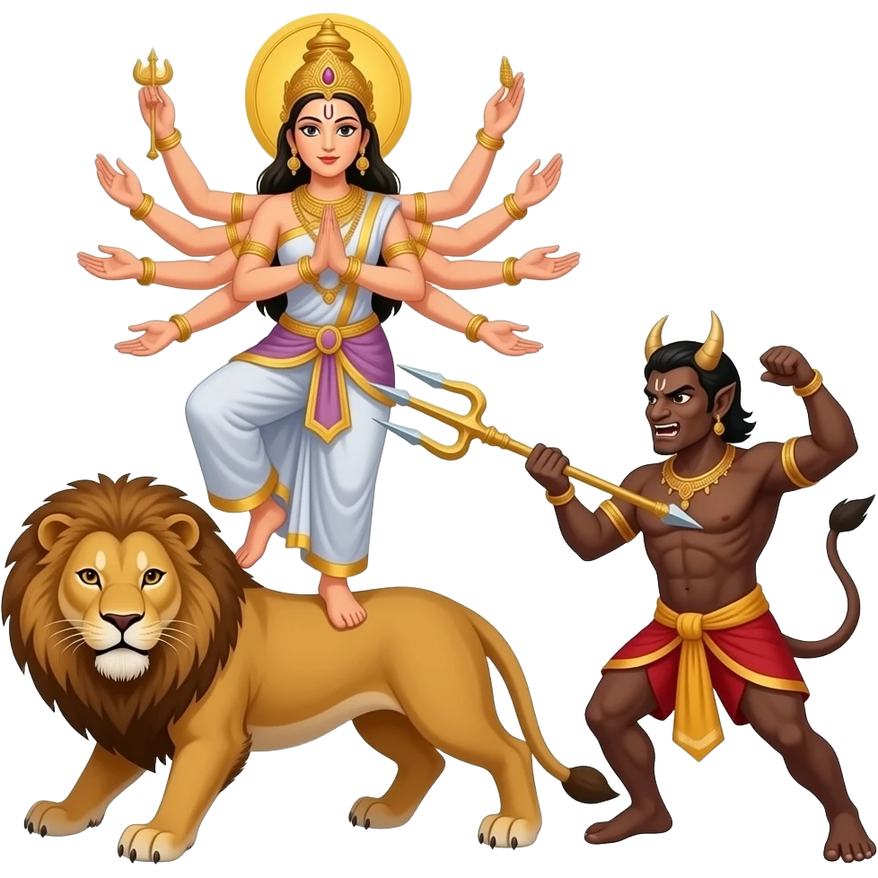 Create an emoji of a goddess with ten hands standing with one leg on a lion's back and another leg on a brownish demon and the goddess is stabbing him in his chest with a trident with her two front arms emoji