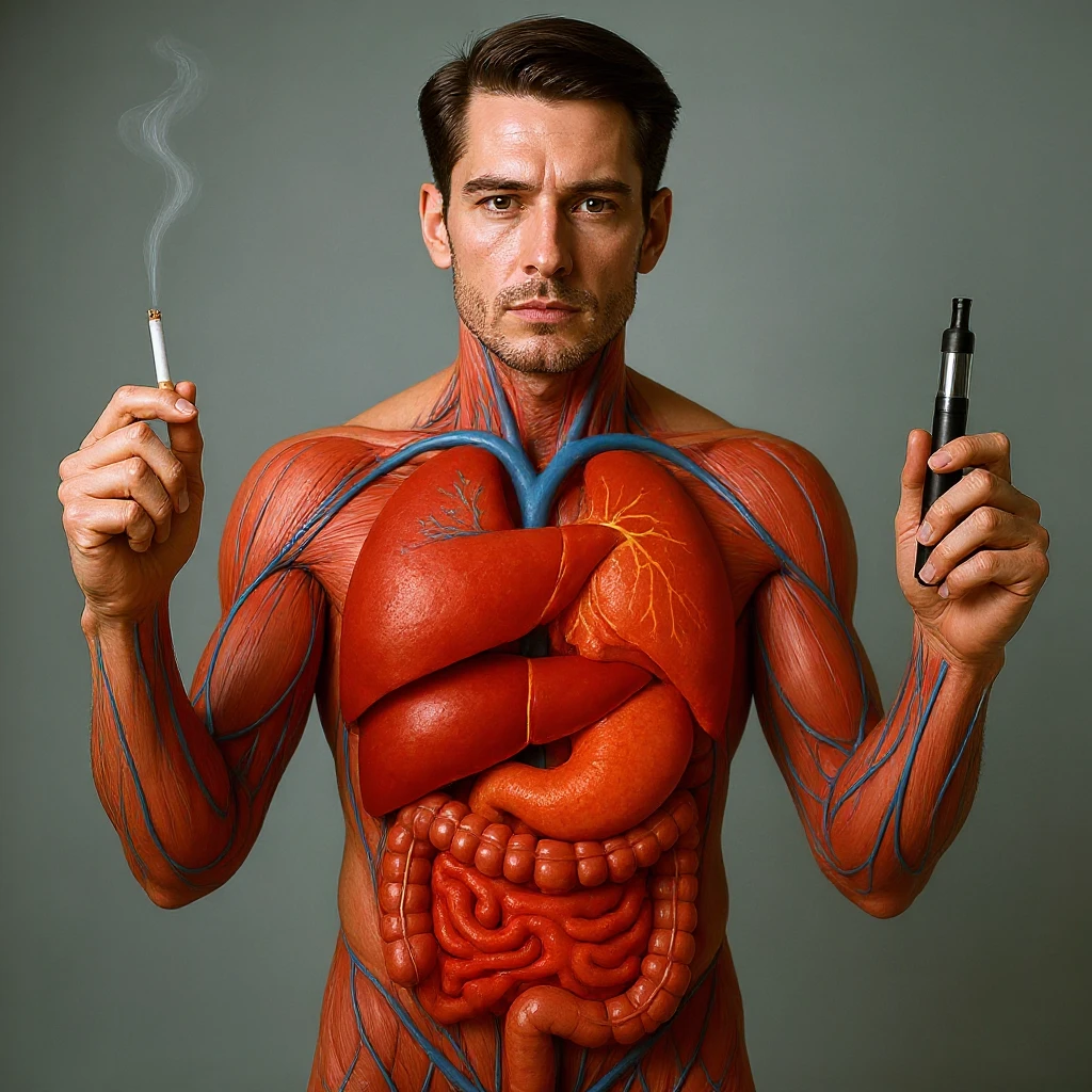 Hyperrealistic 4K vertical 9:16 medical illustration, realistic human anatomical body, inflamed liver and intestines highlighted, man holding a lit cigarette in the right hand and an electronic cigarette in the left, style identical to the reference image. emoji