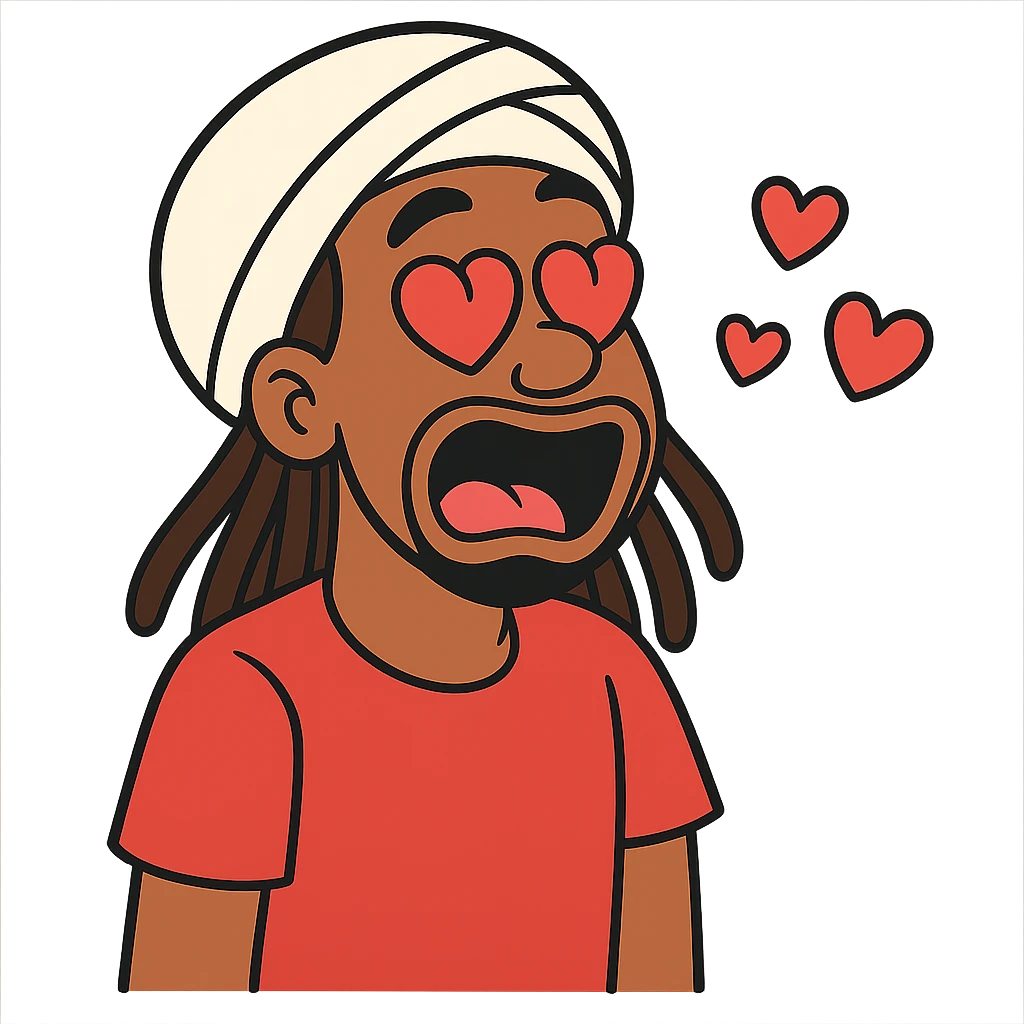 Brownskin man with long brown dreadlocks 
red t-shirt 
white turban 
expression is in love 
his eyes mouth open  emoji