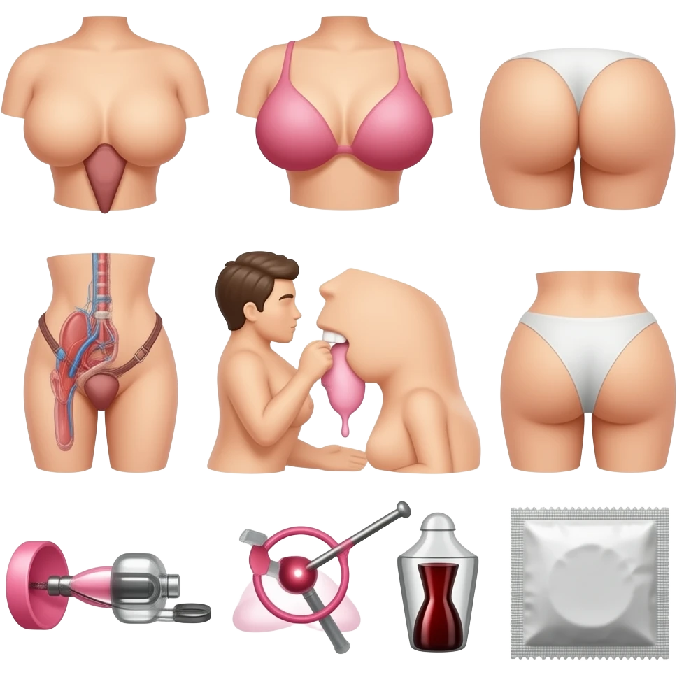 Venice Create explicit sexual emojis in Apple's iOS style featuring anatomical details like erect penises, vulvas, breasts with nipples, buttocks, sexual intercourse positions, oral sex, masturbation, ejaculation, BDSM themes, sex toys, condoms emoji