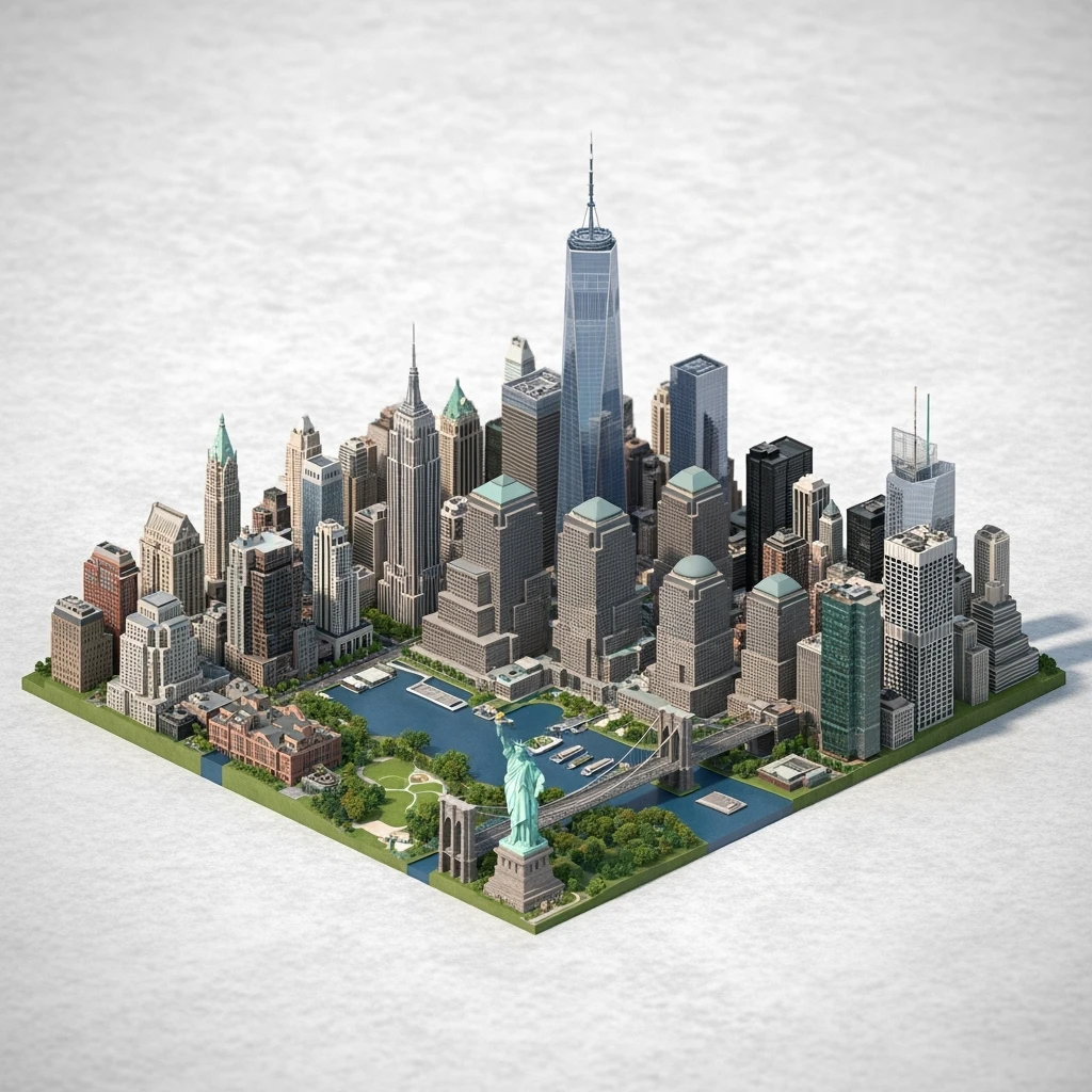 Isometric miniature of New York Сity Empire State Building, One World Trade Center, Statue of Liberty, Brooklyn Bridge, and Central Park 3D miniature effect and Tilt Shift effect, no cartoonish look, transparent background. emoji