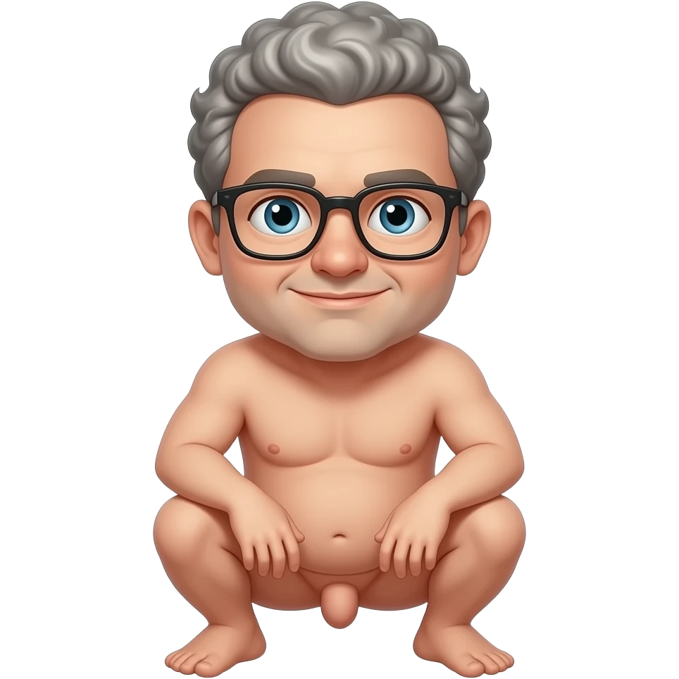 Ugly Guy with grey curly hair bald in the middle and glasses, naked squatting down little penis emoji