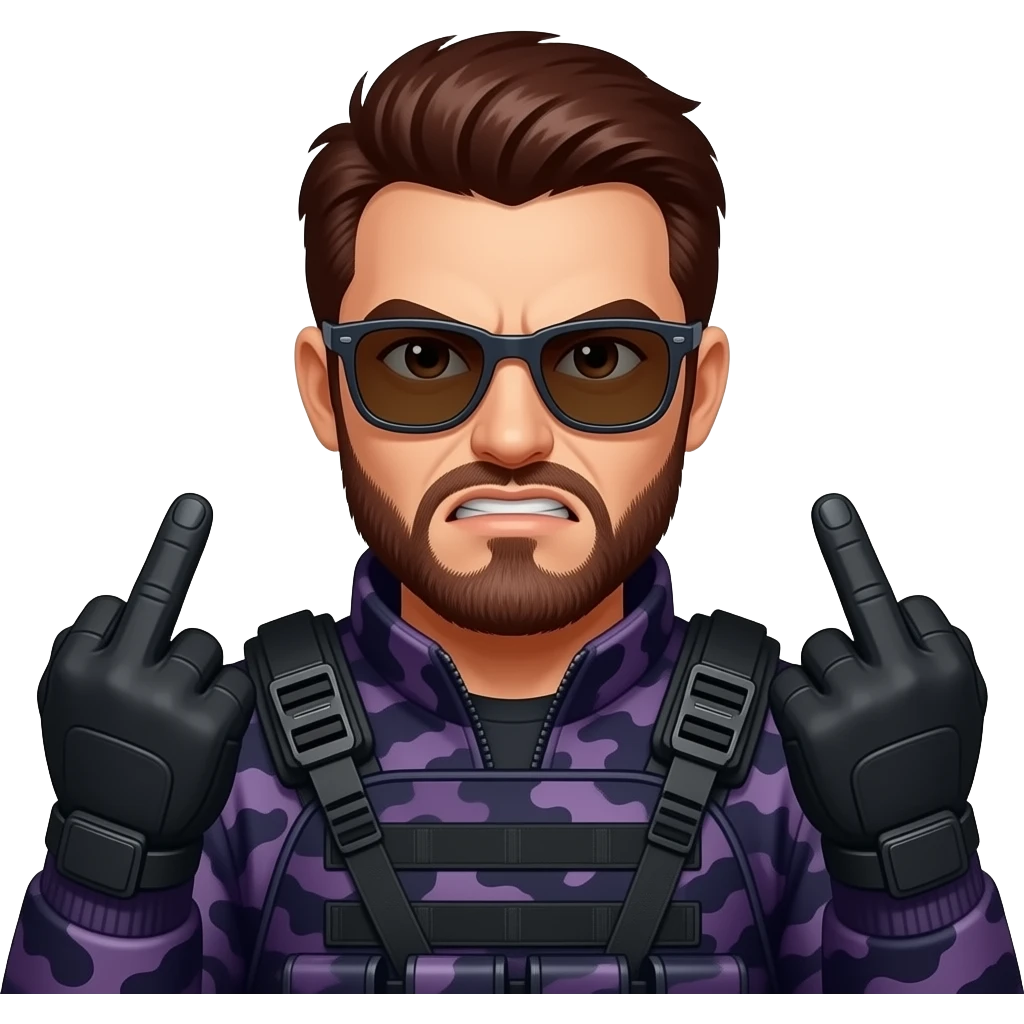 Angry Man with dark reddish brown hair a five o clock shadow beard brown eyes  sunglasses and dark purple camoflage tactical gear giving the finger two times emoji