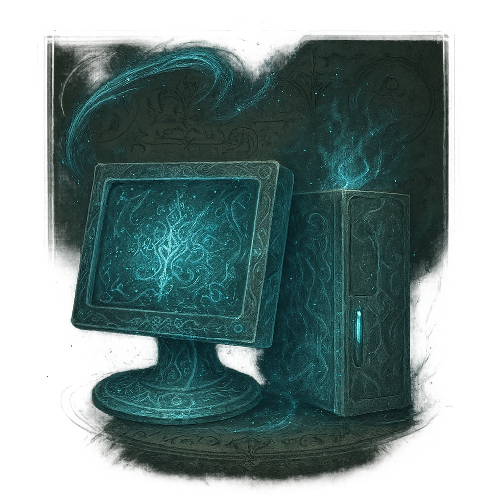 Re-imagine the Windows 'My Computer' icon as a magical relic in the style of Elden Ring glintstone sorceries. The icon should have a mystical, ethereal blue glow with magical energy effects and arcane symbols. The background should resemble parchment or a scroll, enhancing the ancient magical theme. The computer should appear imbued with arcane power, glowing with blue mystical light and intricate magical details. Use the provided reference images for inspiration of glintstone sorcery effects. 1080 x 1080, transparent background. emoji