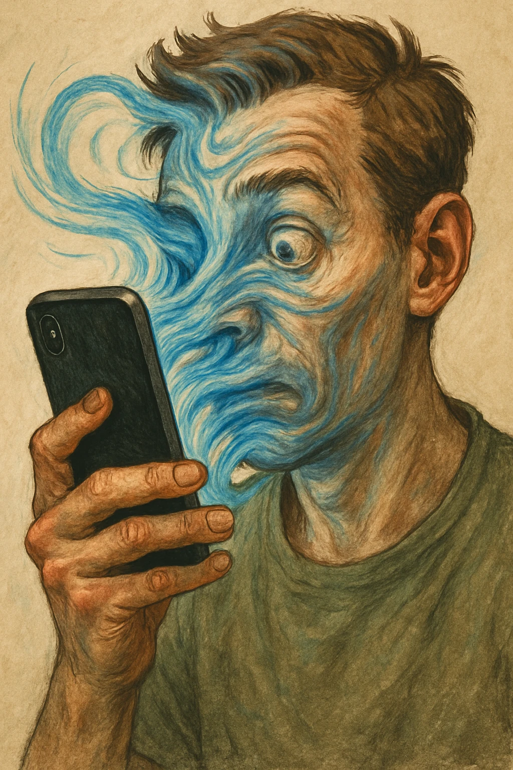 Лицо человека, который держит близко перед лицом смартфон и экран будто бы засасывает его мысли и лицо, слегка рисованный но при этом реалистичный и объемный стиль emoji