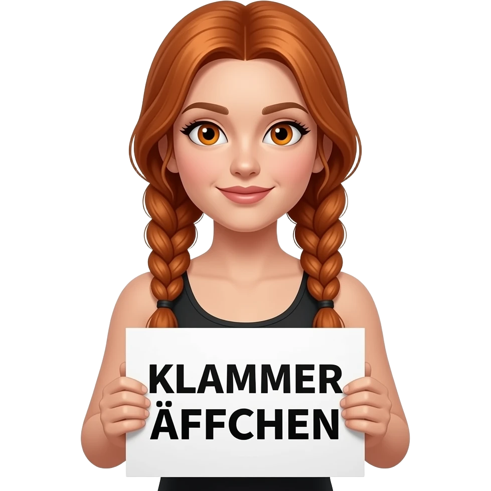 sexy girl with long ginger braids and ginger eyes wearing a black tanktop is holding a white sign with KLAMMER ÄFFCHEN written on it emoji