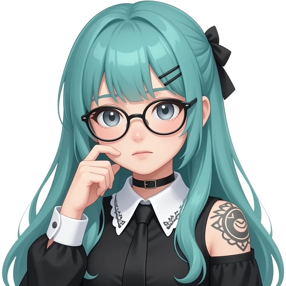 anime girl, thinking very hard, vintage glasses ,face tattoos, long flowing teal hair, grey eyes, black shoulder cyberpunk blouse with fancy white collar emoji