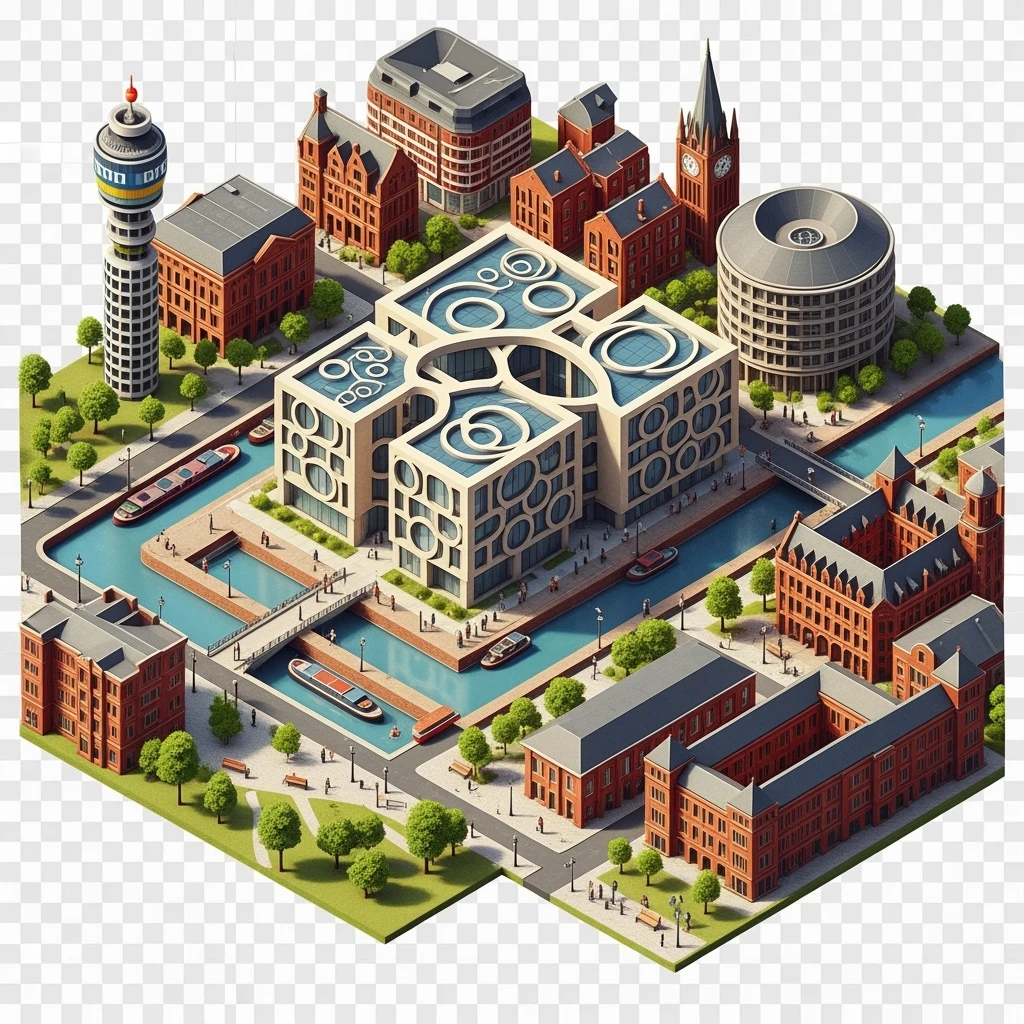 Isometric illustration of Birmingham, featuring the Library of Birmingham with its modern architecture and nearby canals, highly detailed in semi-realistic style, balanced between stylized and realistic, 3D miniature effect, transparent background. emoji