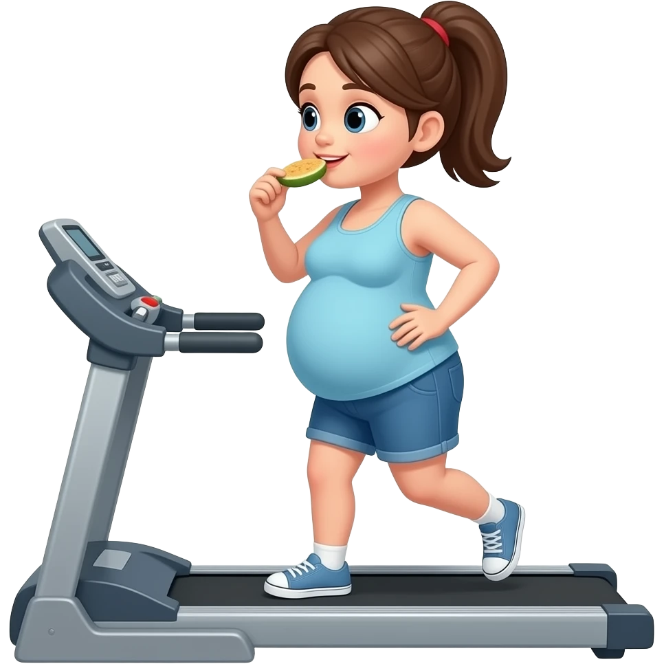 Generate me a girl has big belly doing treadmill while eating emoji