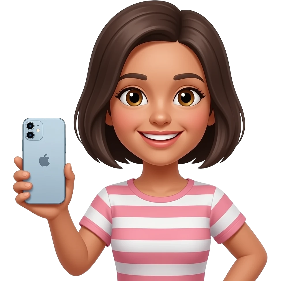 Chica morocha, pelo corto, sonriendo y celular iphone pro emoji