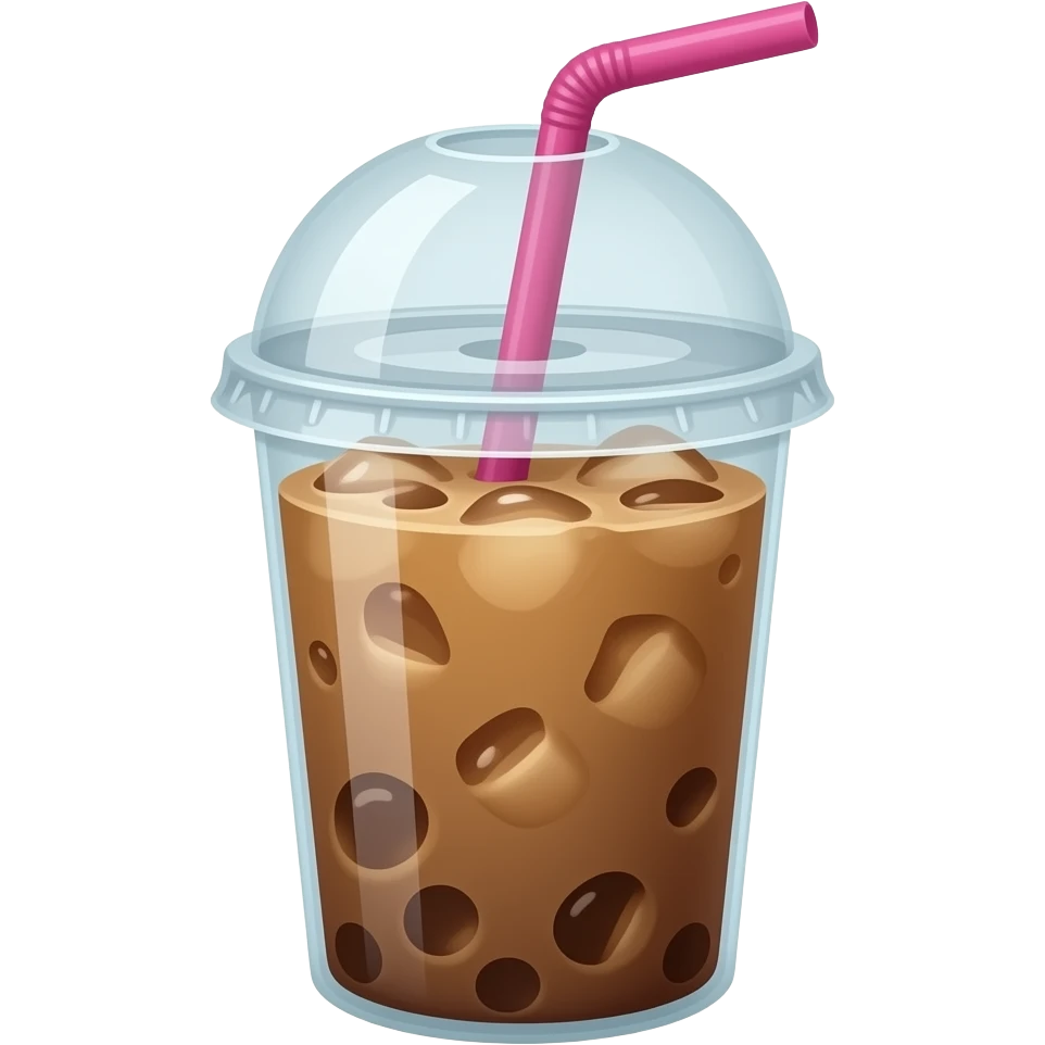 Iced coffee in to-go cup, flat lid, pink straw, little creamer emoji