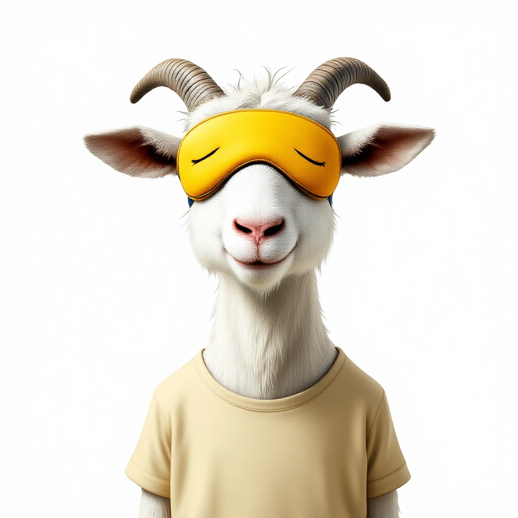 a goat with yellow sleep mask and wearing shirt, front view,  Frontal Top-Down Soft Light, white background, portrait, casual cartoon stylized emoji