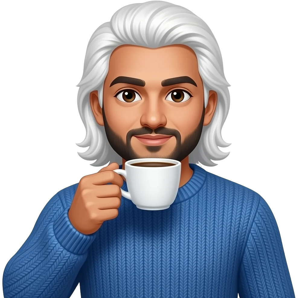 Clean shaven Pakistani guy with long white hair drinking coffee, wearing blue sweater emoji