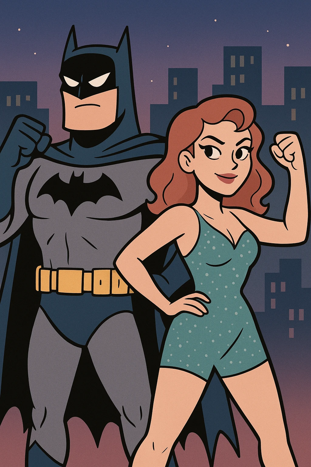 Batman and a woman in a sparkly outfit, both striking a heroic pose, colorful comic style, nighttime cityscape emoji