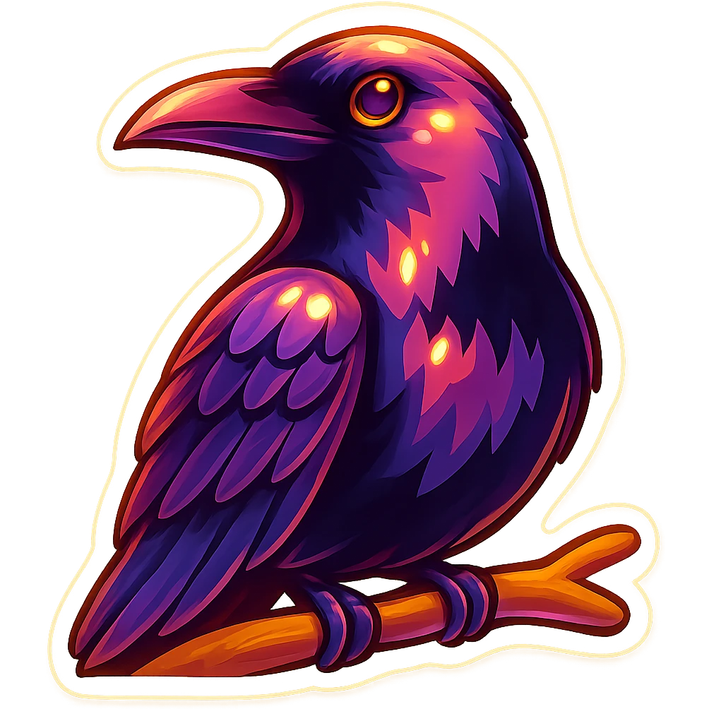 A large, expressive crow sitting on a branch in retro sticker style, with volume, various shades of gray, clear contours, vintage presentation, no gradients. emoji