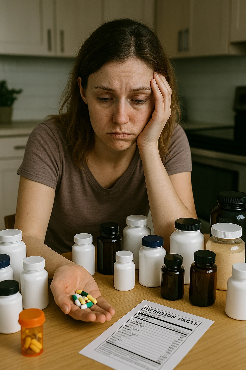 a woman in her 30s sits at her kitchen table, surrounded by dozens of supplement bottles, powders, and pills. She looks anxious and fatigued, with her head resting in one hand while the other holds a handful of colorful capsules. On the table, a nutrition chart is ignored, and her skin appears slightly dull or stressed. The mood is cautionary and educational. in italiano emoji