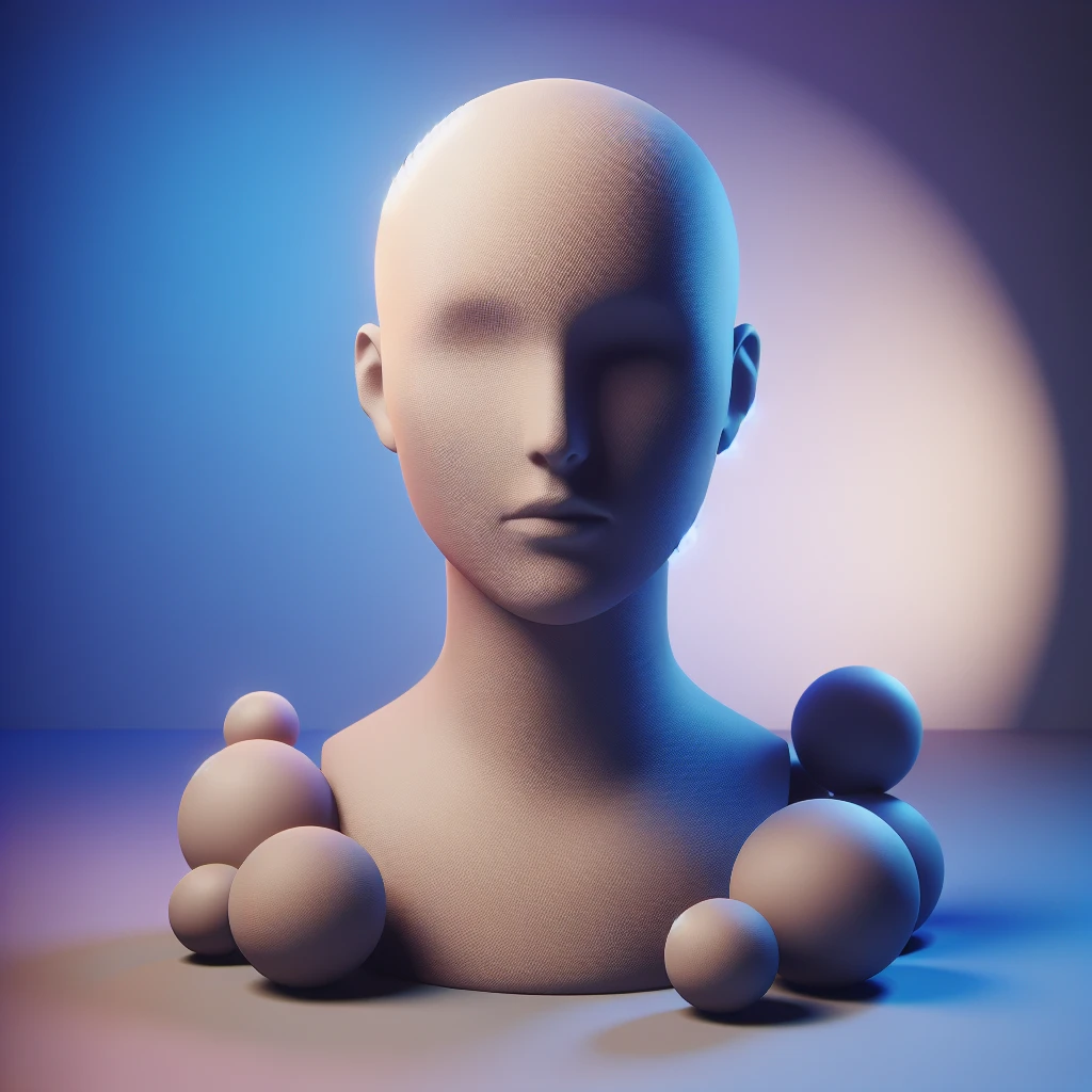 Minimalist 3D avatar, stylized human bust, smooth matte plastic texture, soft cinematic lighting, blue and purple gradient background, futuristic clean design, simple geometry, round shapes, subtle rim light, clay render style, modern digital illustration, octane render. emoji