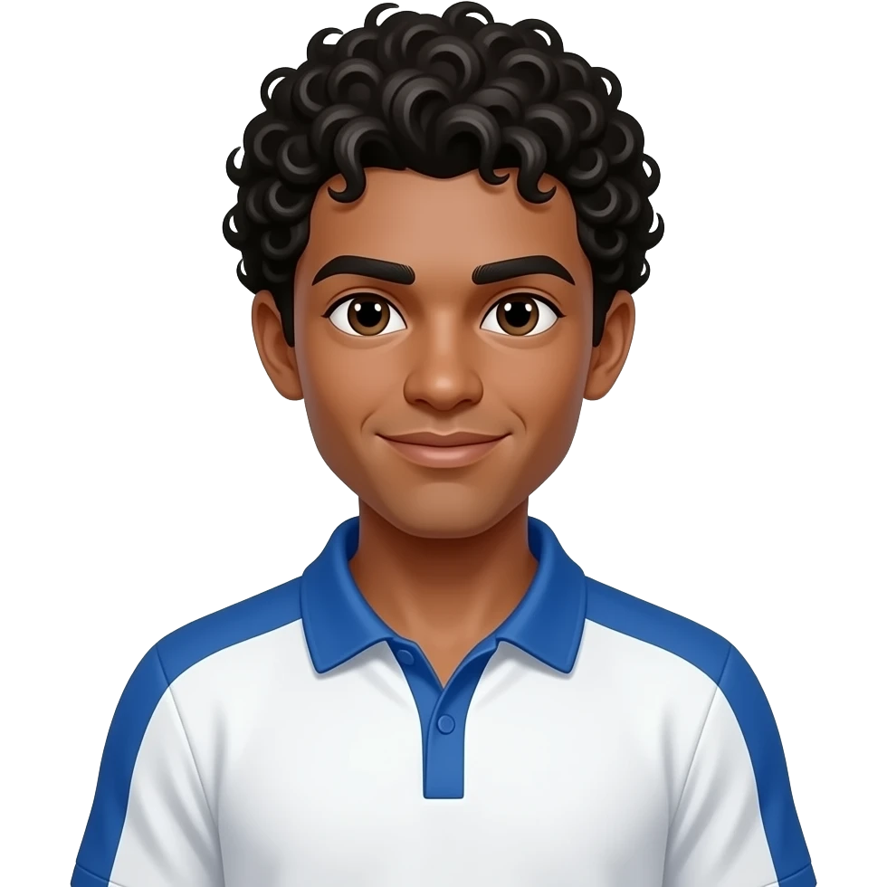 tennis player close up with half body wear white and blue uniform and curly balck hairs emoji