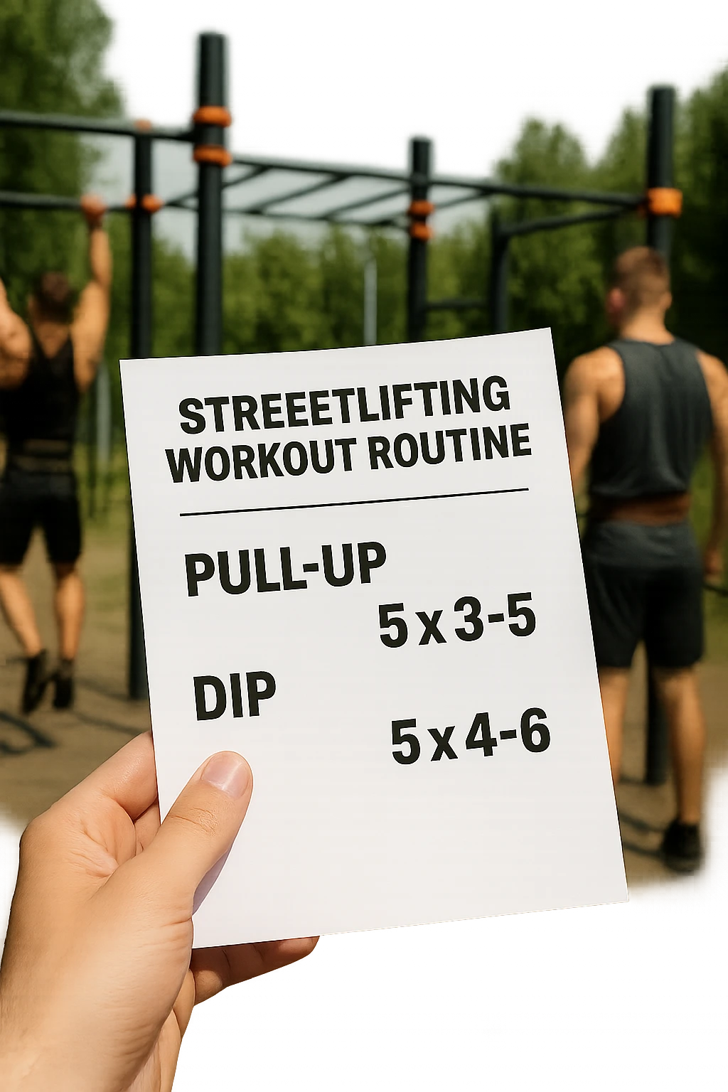 a close-up of a hand holding a printed streetlifting workout routine, with the exercises and sets written in bold text. In the background, an outdoor gym with pull-up bars, dip stations, and athletes wearing weighted belts. The lighting is natural, and the mood is motivational. emoji