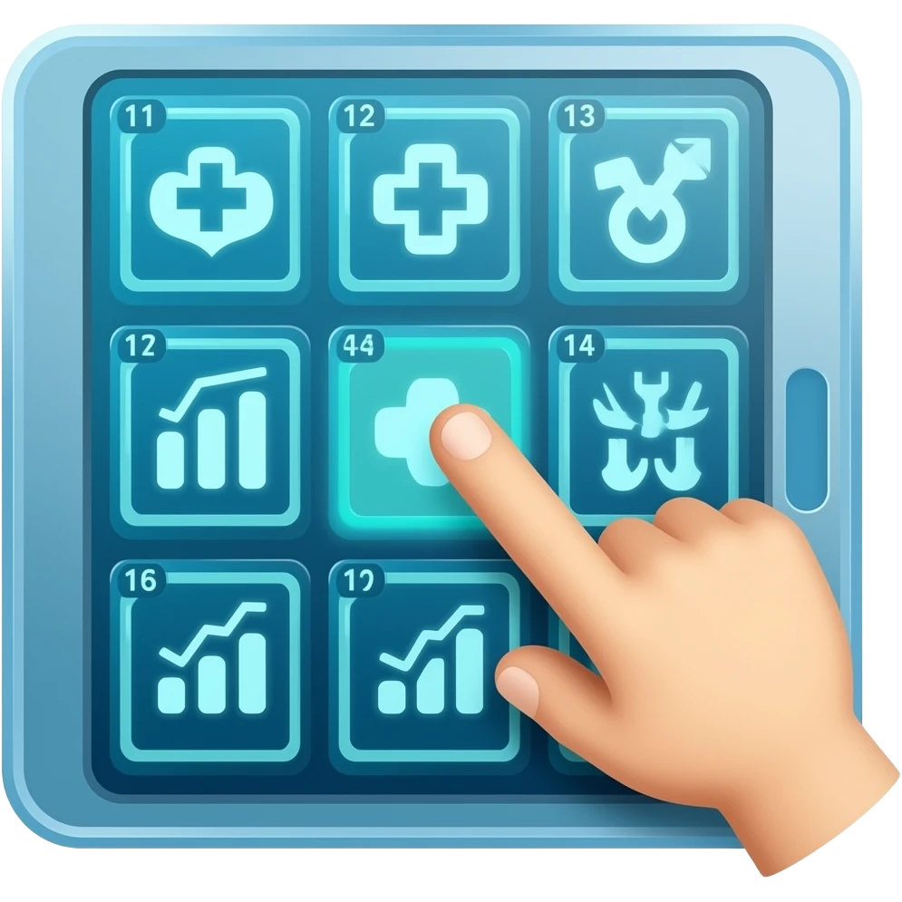 Minimalist flat icon of a glowing data tablet displaying medical icons and data points in distinct, numbered sections, a digital pointer hand is selecting one section, AI medical organization concept, clean vector art style, tech blue and teal colors. emoji