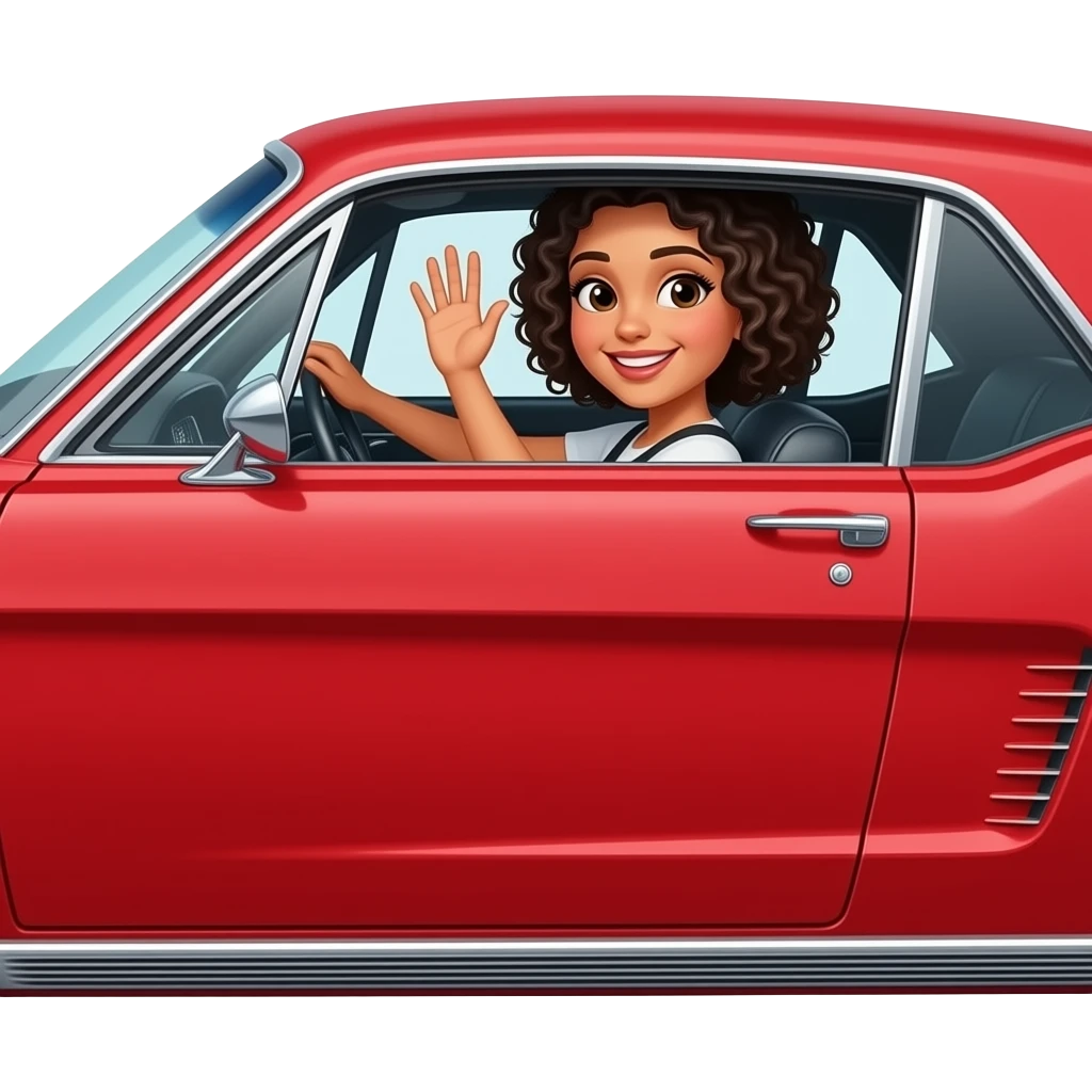 White girl with black curly hair driving a red Ford Mustang 1968 coupe and waving through the window on the driving side. Car must be seen in full. emoji