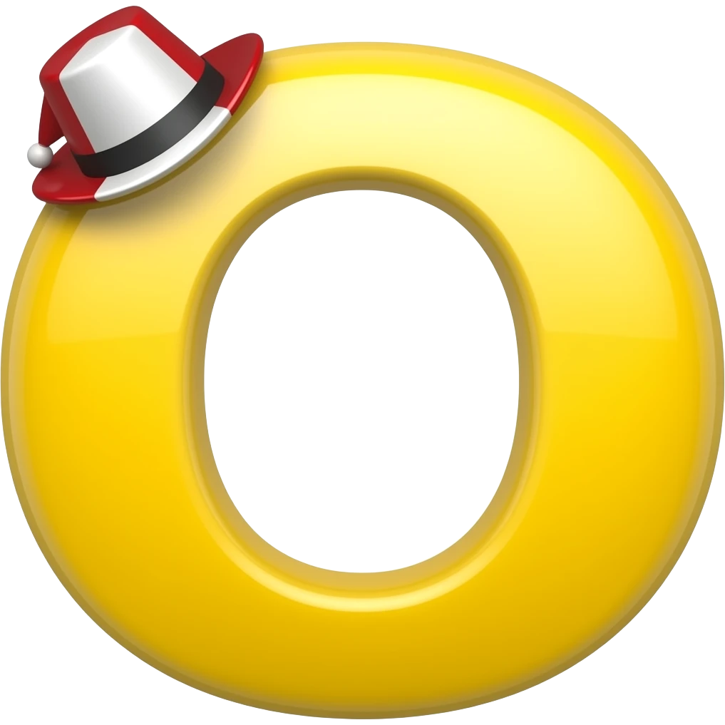 a yellow letter O have a small RED AND WHITE shiny hat on its top left corner emoji