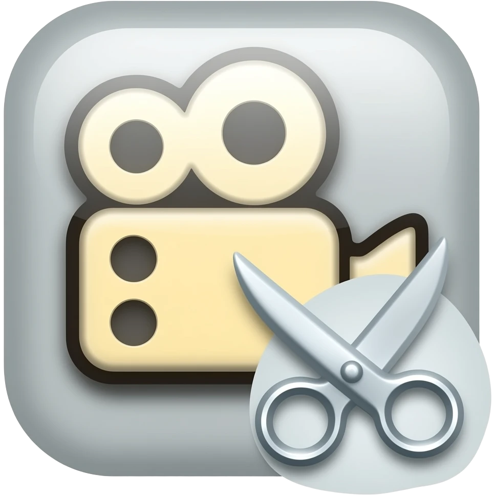 Glossy video editing icon by a video icon and scissor. emoji