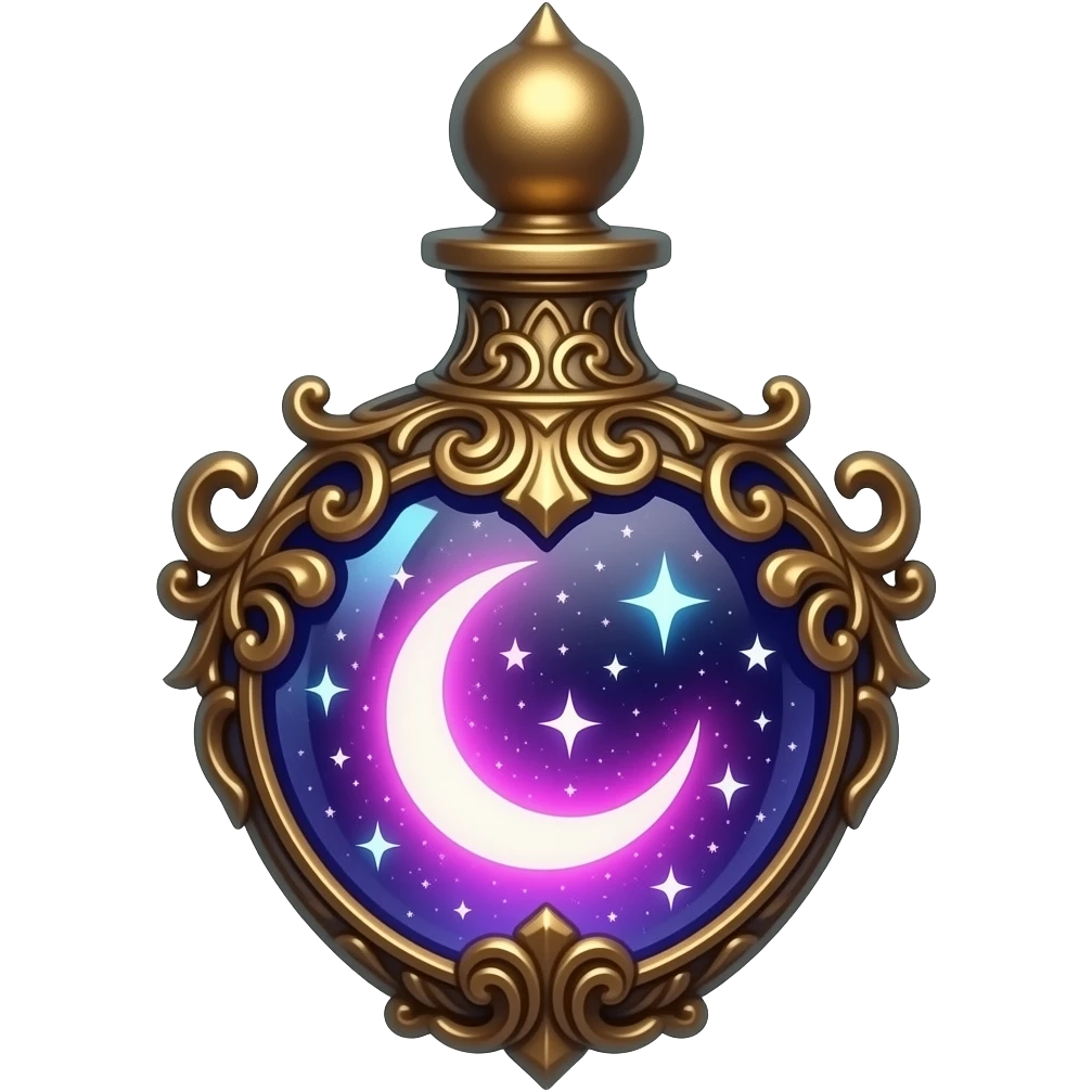 ornate glass vial with metallic filigree, swirling cosmic nebula inside, glowing purple‑pink‑blue light, crescent moon and tiny stars suspended in liquid, ethereal magical atmosphere emoji