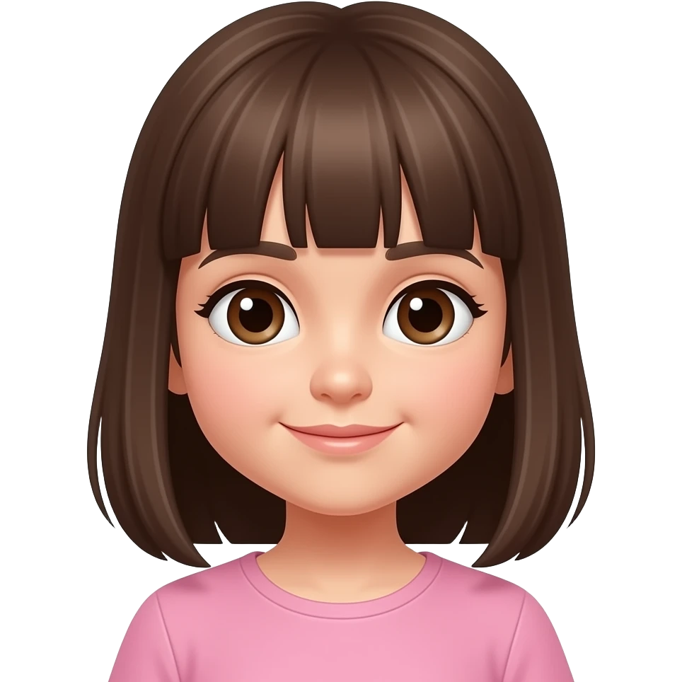 Niña pequeña con pelo castaño liso y ojos marrones SIN FLEQUILLO y con ropa emoji