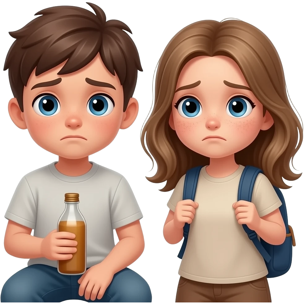 chico y chica  cansados el chico castanyo i con pelo corto y la chica pelo suelto y un poco rubia pero castaño y los dos tienen ojos azules son hermanos con uno una botella i otro una mochila. uno esta sentado i el otro con polvo en la cara emoji