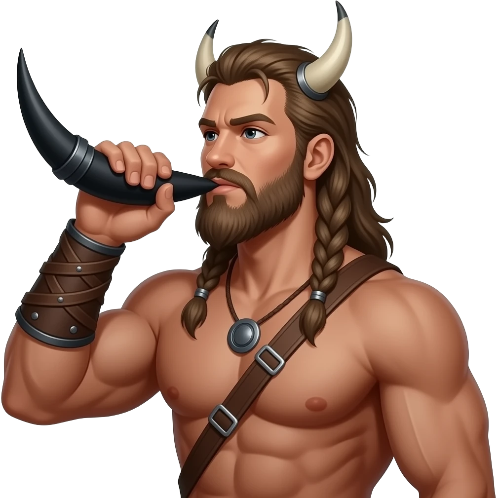 Dark sexy bwarded viking muscular no shirt, dri king out of a Black horn. Fantasy. Realistic emoji