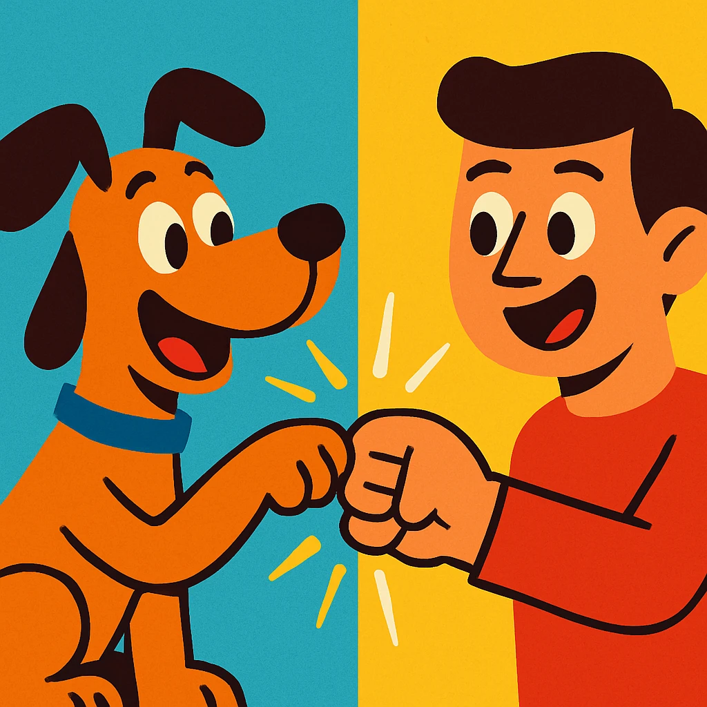 a cartoon dog and a cartoon human fist bumping, playful, vibrant colors emoji