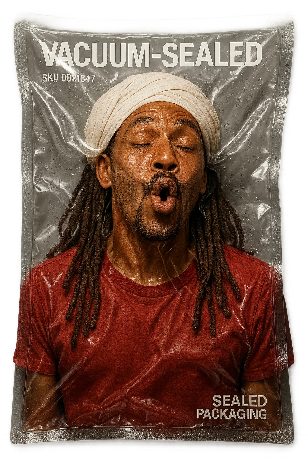Brownskin man with long brown dreadlocks 
red t-shirt 
white turban 
expression is in love 
his eyes mouth open  emoji