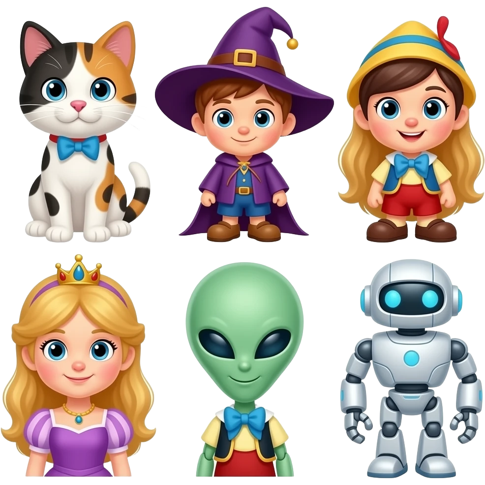 Eight characters puppy kitty dwarf boy witch girl Pinocchio princess alien and robot emoji
