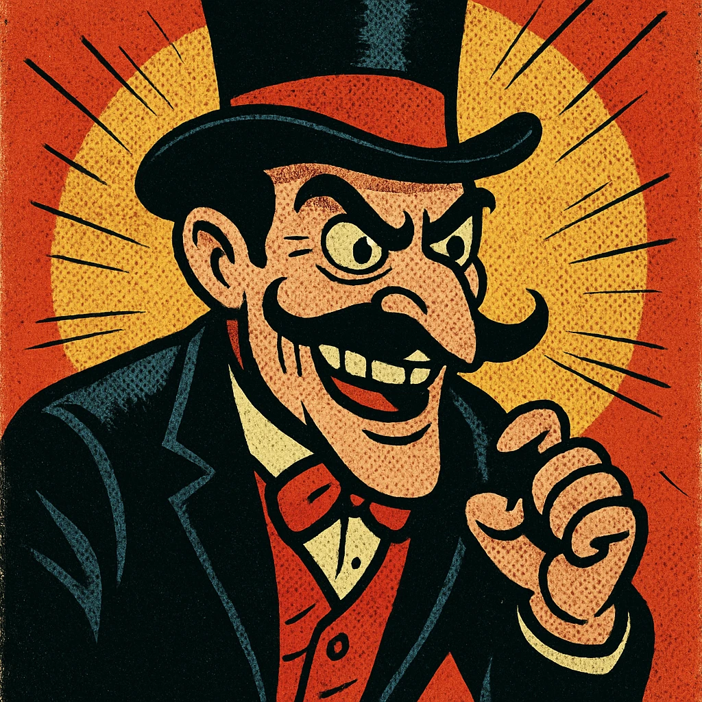 bad guy, classic cartoon villain, twirled mustache, evil grin, comic book style emoji